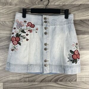 CP Jeans Womens Button Front Denim Mini Skirt Sz 3 Floral Embroidery Art To Wear